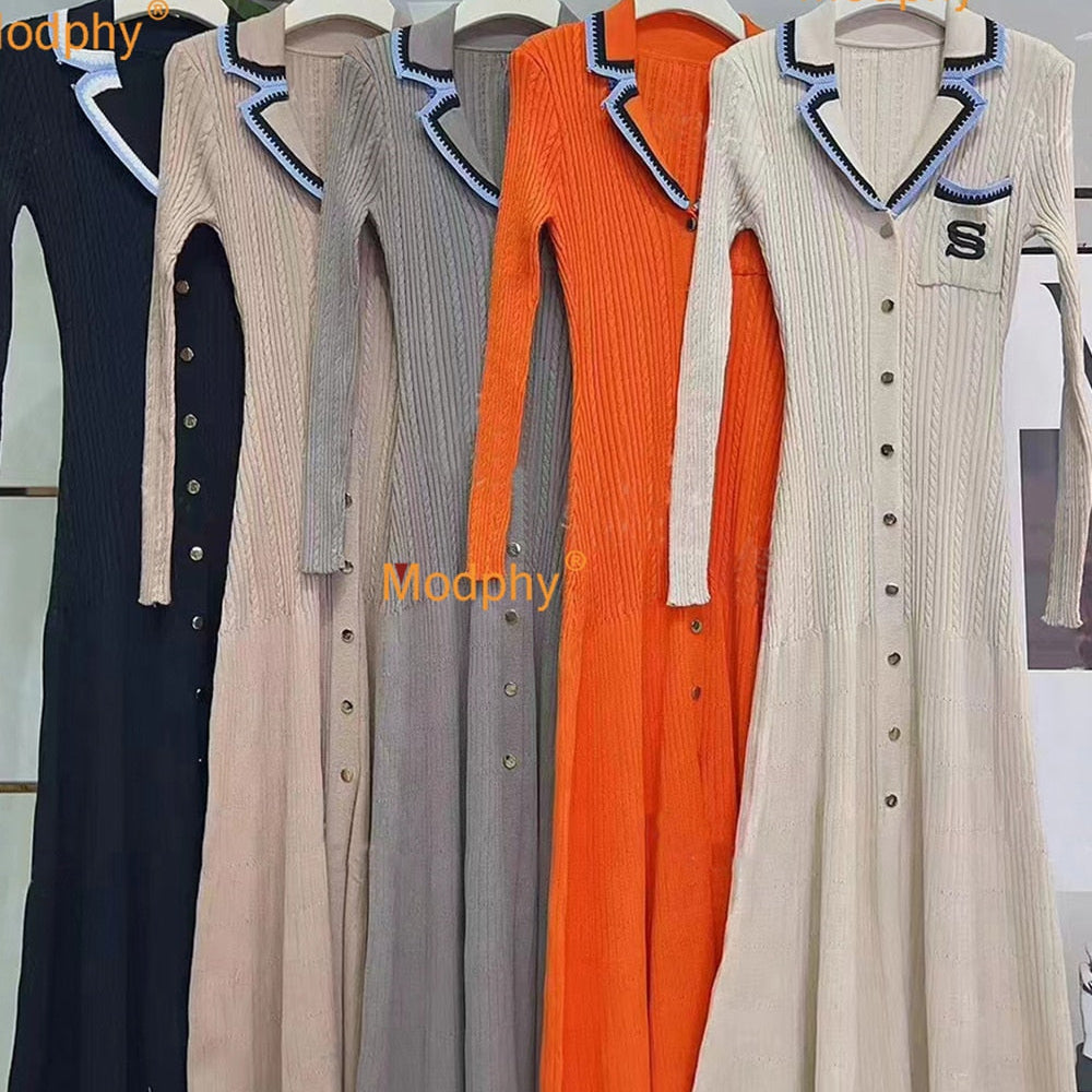 Modphy 2024 Elegant Slim Knitted Long Dress Women's Single breasted Long sleeved Designer Slim Vintage Dresses Autumn