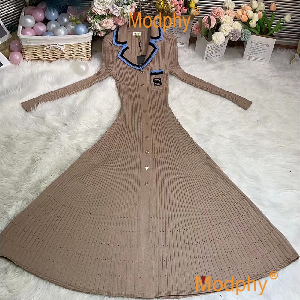 Modphy 2024 Elegant Slim Knitted Long Dress Women's Single breasted Long sleeved Designer Slim Vintage Dresses Autumn Khaki Long Sleeves