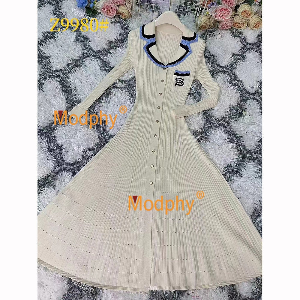 Modphy 2024 Elegant Slim Knitted Long Dress Women's Single breasted Long sleeved Designer Slim Vintage Dresses Autumn Apricot long sleeves