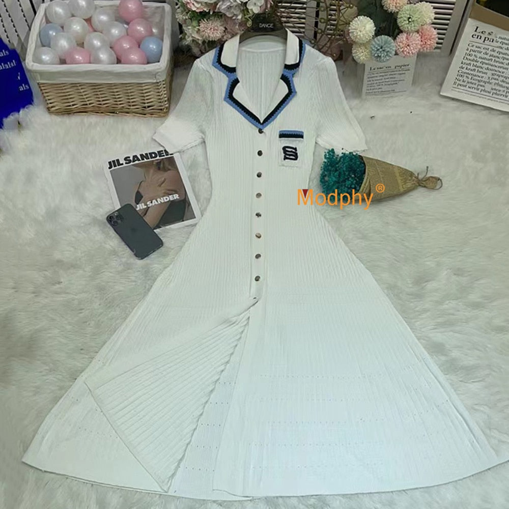 Modphy 2024 Elegant Slim Knitted Long Dress Women's Single breasted Long sleeved Designer Slim Vintage Dresses Autumn White Short Sleeve