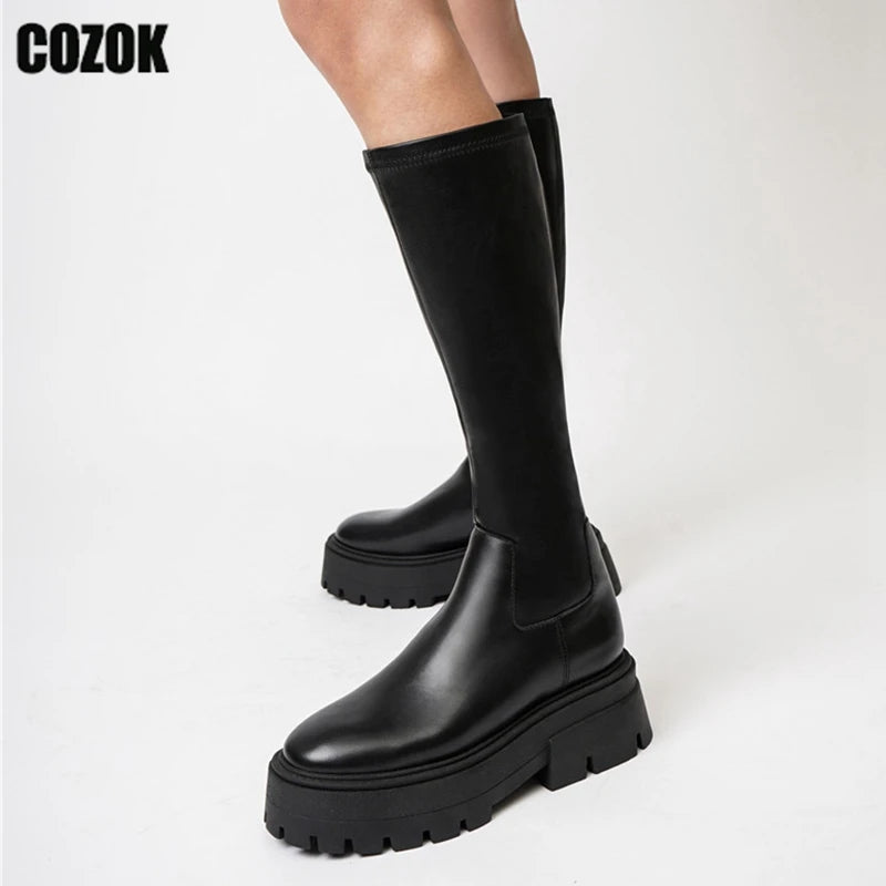 Motorcycle Knee High Boots Women Gothic Black 2023 Zipper Thick Sole Female Platform Flats Ladies Shoes Punk Side Zipper Knight