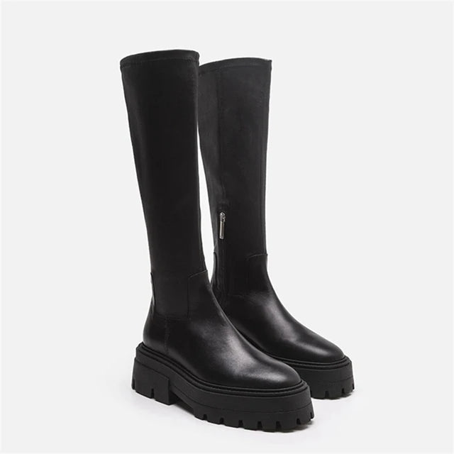 Motorcycle Knee High Boots Women Gothic Black 2023 Zipper Thick Sole Female Platform Flats Ladies Shoes Punk Side Zipper Knight Black
