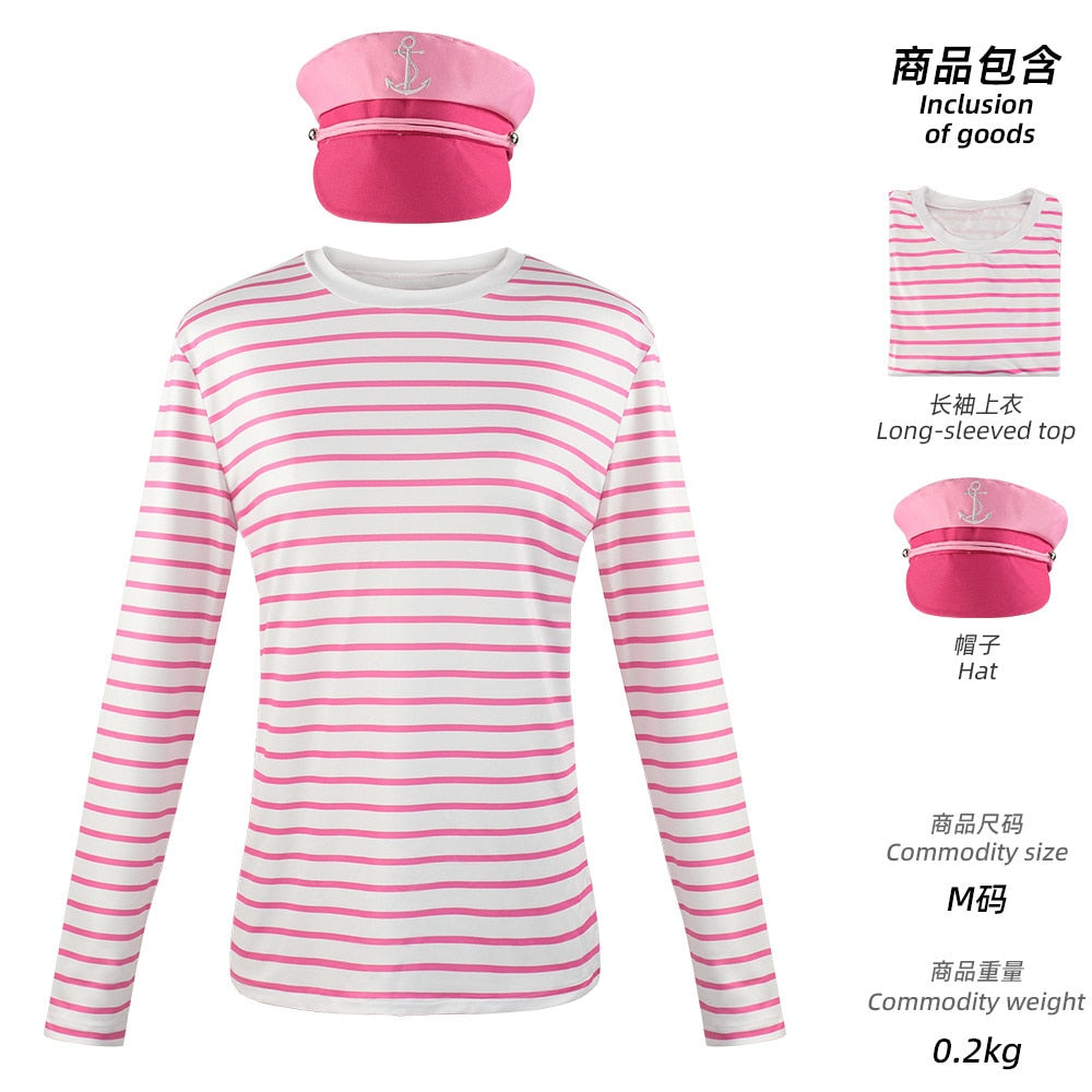 Movie Barbieed T-shirt Halloween Party Couple Cosplay Sweatshirt Hat Movie Casts Barbieed Ken Clothing Set Pink Stripe T-shirt Long Sleeved
