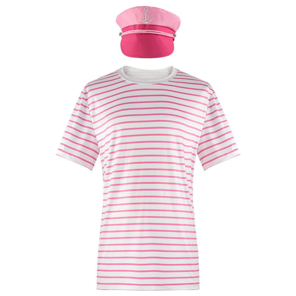 Movie Barbieed T-shirt Halloween Party Couple Cosplay Sweatshirt Hat Movie Casts Barbieed Ken Clothing Set Pink Stripe T-shirt