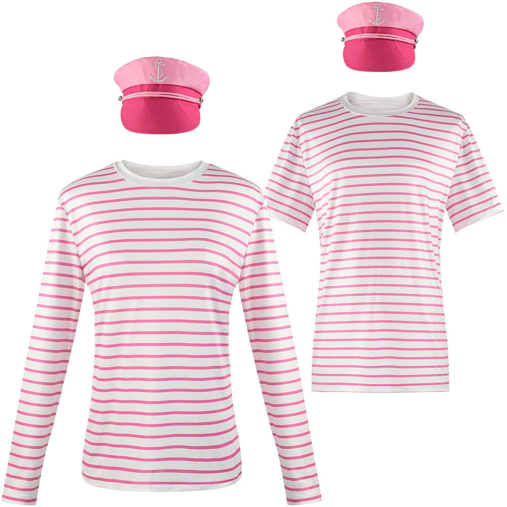 Movie Barbieed T-shirt Halloween Party Couple Cosplay Sweatshirt Hat Movie Casts Barbieed Ken Clothing Set Pink Stripe T-shirt