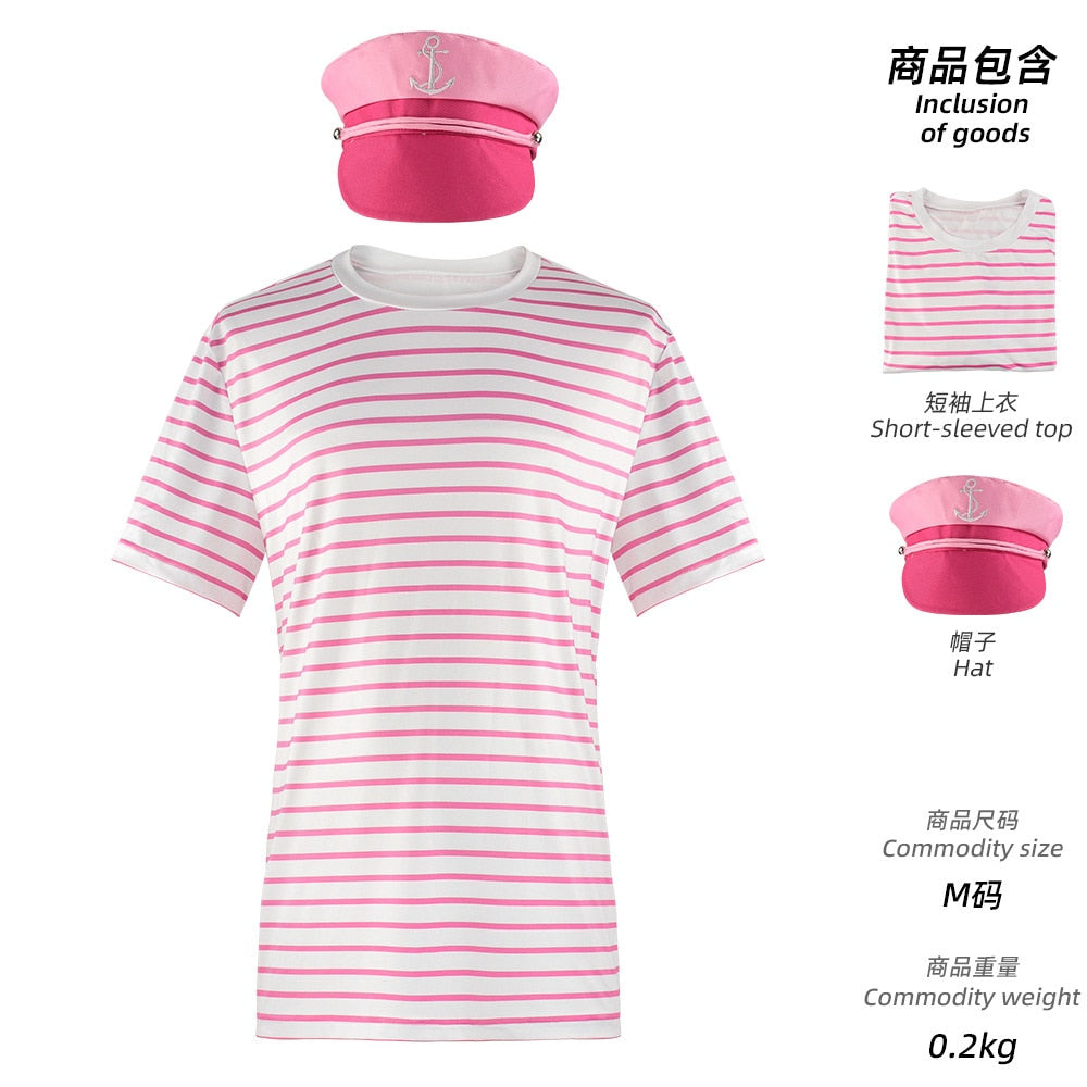 Movie Barbieed T-shirt Halloween Party Couple Cosplay Sweatshirt Hat Movie Casts Barbieed Ken Clothing Set Pink Stripe T-shirt Short Sleeve