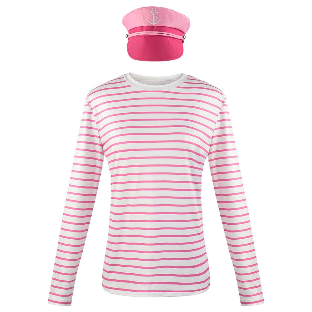 Movie Barbieed T-shirt Halloween Party Couple Cosplay Sweatshirt Hat Movie Casts Barbieed Ken Clothing Set Pink Stripe T-shirt