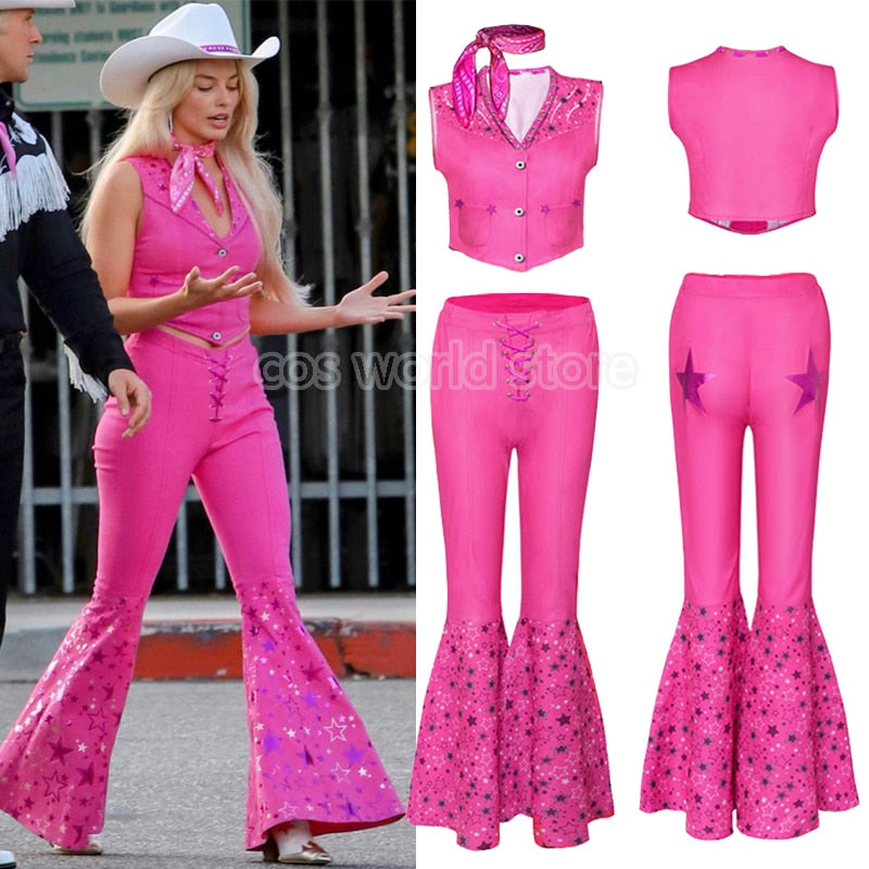Movie Margot Robbie Barbie Costume Sexy Starry Pink Vest Top Pants Scarf Suit For Women Ladies Halloween Carnival Party Clothes AMAIO