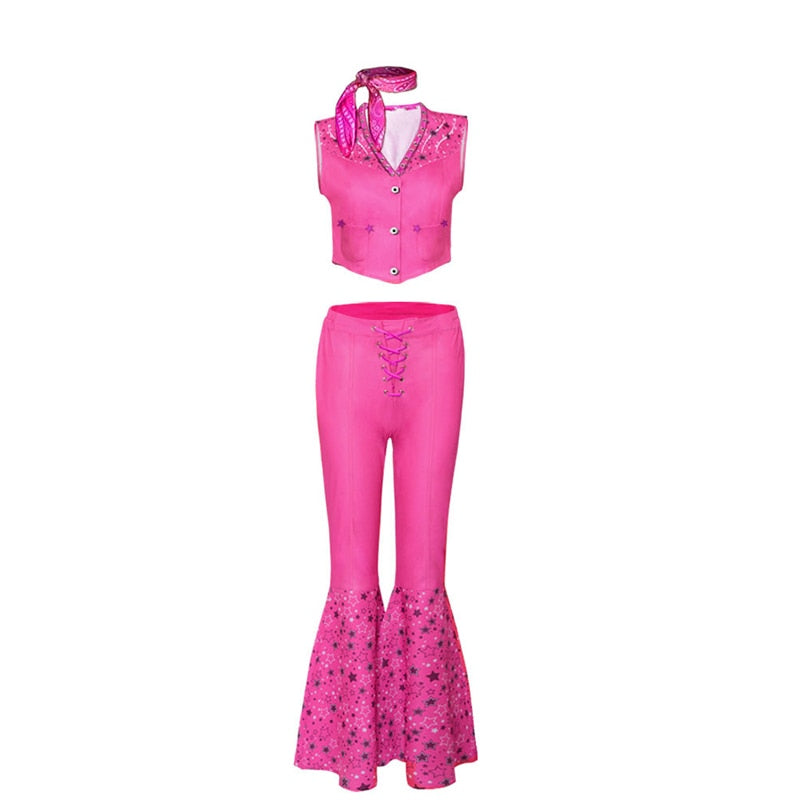 Movie Margot Robbie Barbie Costume Sexy Starry Pink Vest Top Pants Scarf Suit For Women Ladies Halloween Carnival Party Clothes