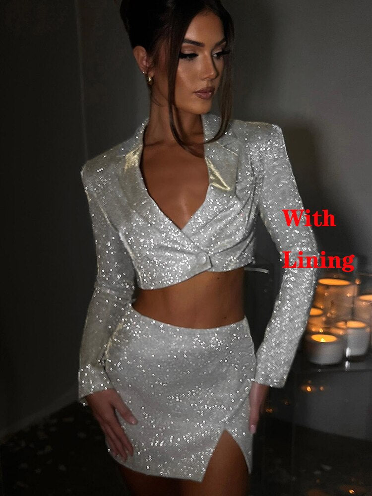 Autumn Sparkle Two Piece Set Women Stand Collar Long Sleeve With Lining Blazer And Mini Skirt Sexy Glitter Dress Set silver