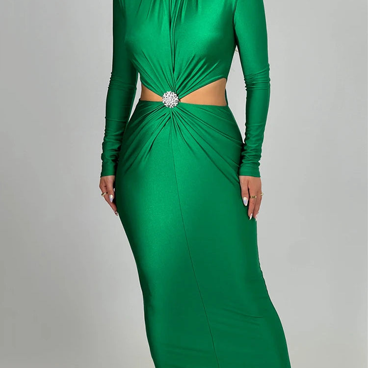 Elegant Hollow Out Sexy Maxi Dress For Women Autumn Winter New Turtleneck Long Sleeve Bodycon Club Party Evening Dress