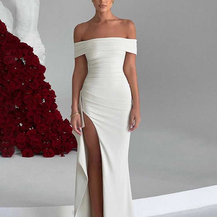 Off-shoulder Ruffled Thigh High Split Maxi Dress For Women Slash Neck Backless Bodycon Sexy Party Evening Dress Elegant