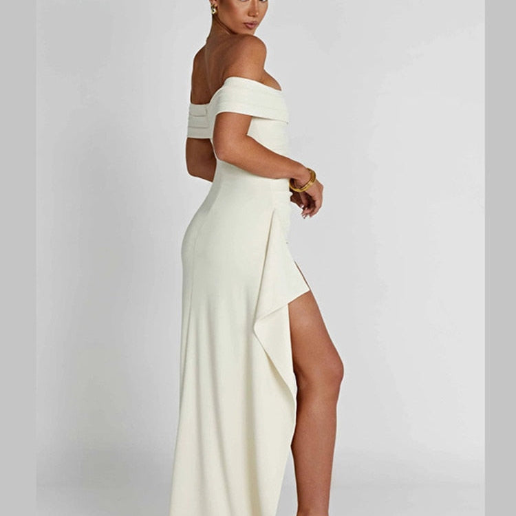 Off-shoulder Ruffled Thigh High Split Maxi Dress For Women Slash Neck Backless Bodycon Sexy Party Evening Dress Elegant
