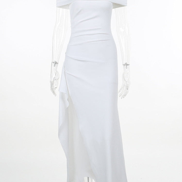 Off-shoulder Ruffled Thigh High Split Maxi Dress For Women Slash Neck Backless Bodycon Sexy Party Evening Dress Elegant White