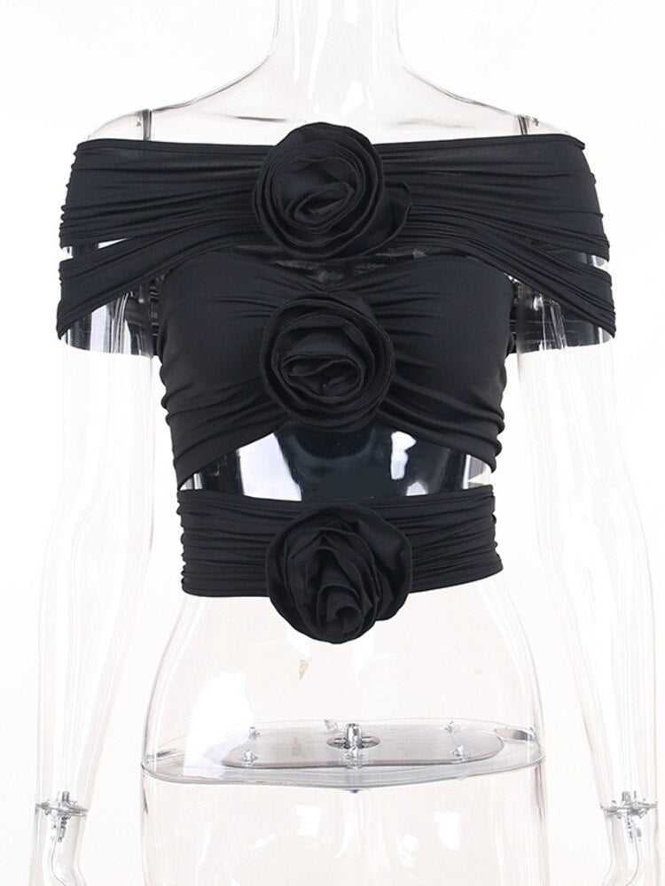 Rose Flower Sexy Crop Top Women Corset Summer Off-shoulder Sleeveless Ruched Tank Tops Bustier Ladies Short Tops Vest