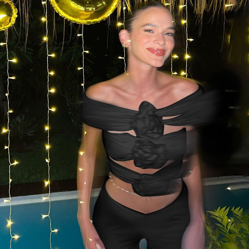 Rose Flower Sexy Crop Top Women Corset Summer Off-shoulder Sleeveless Ruched Tank Tops Bustier Ladies Short Tops Vest Black