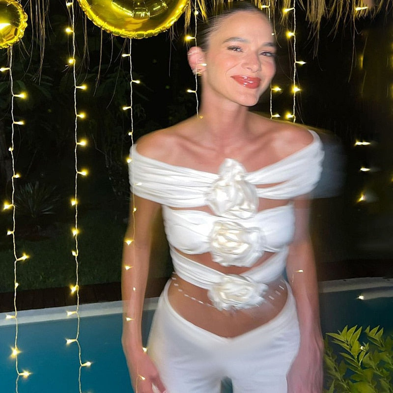 Rose Flower Sexy Crop Top Women Corset Summer Off-shoulder Sleeveless Ruched Tank Tops Bustier Ladies Short Tops Vest White