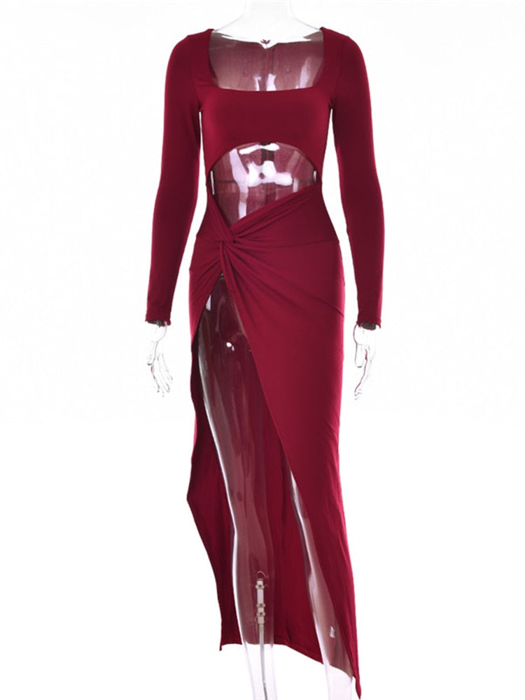 Sexy Hollow Out High Split Maxi Dress For Women Robe 2022 Autumn Full Sleeve Ruched Club Party Long Dress Vestido Wine Red