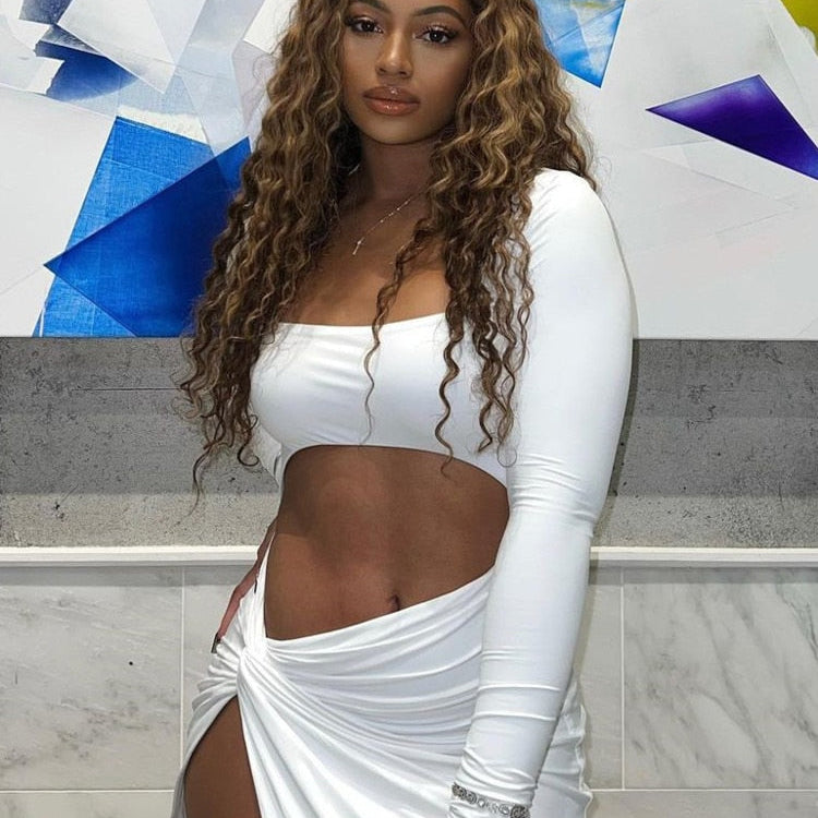 Sexy Hollow Out High Split Maxi Dress For Women Robe 2022 Autumn Full Sleeve Ruched Club Party Long Dress Vestido