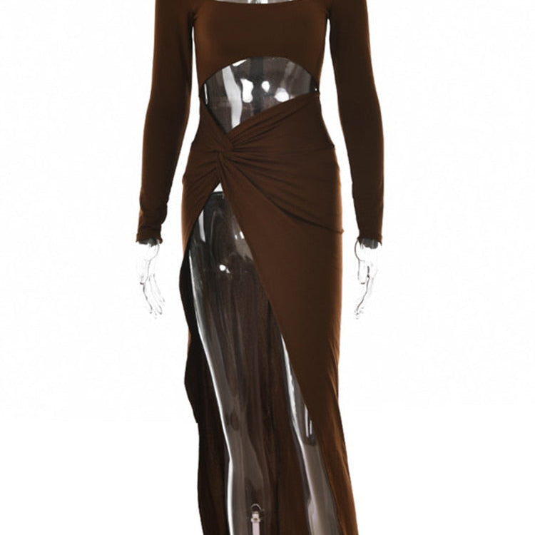 Sexy Hollow Out High Split Maxi Dress For Women Robe 2022 Autumn Full Sleeve Ruched Club Party Long Dress Vestido Brown