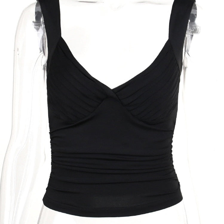 Stretch Pleated Cups Pretty Sexy Tops Women V Neck Sleeveless Backless Tank Tops Female Skinny Sexy Party Crop Tops Black