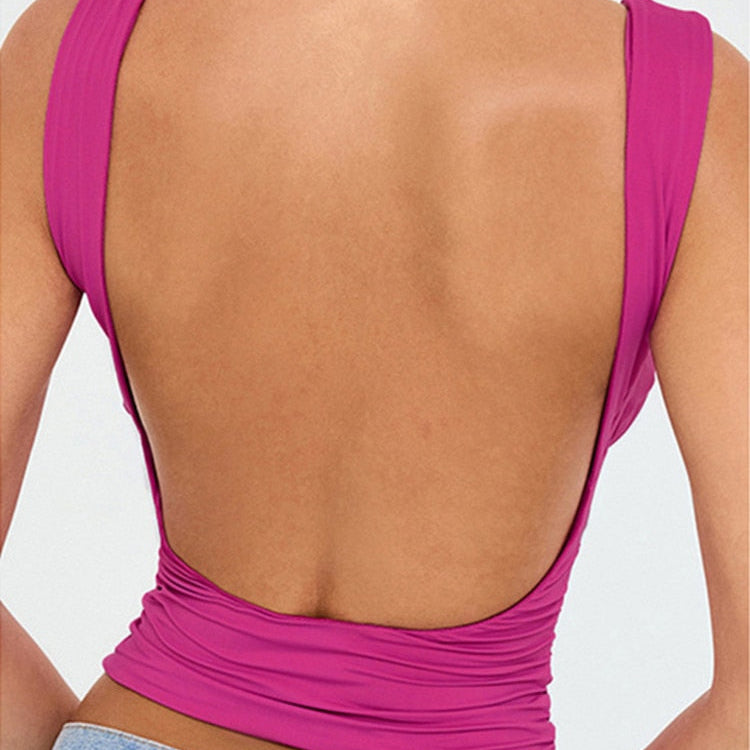 Stretch Pleated Cups Pretty Sexy Tops Women V Neck Sleeveless Backless Tank Tops Female Skinny Sexy Party Crop Tops