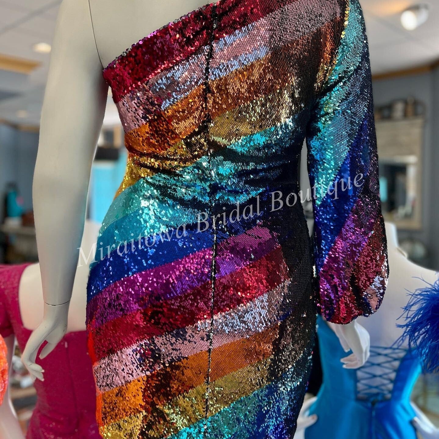 Multicolor Cocktail NYE Dress 2024 One Long Sleeve Rainbow Sequins Lady Formal Event Mini Party Gown Club Night Out Hoco Gala