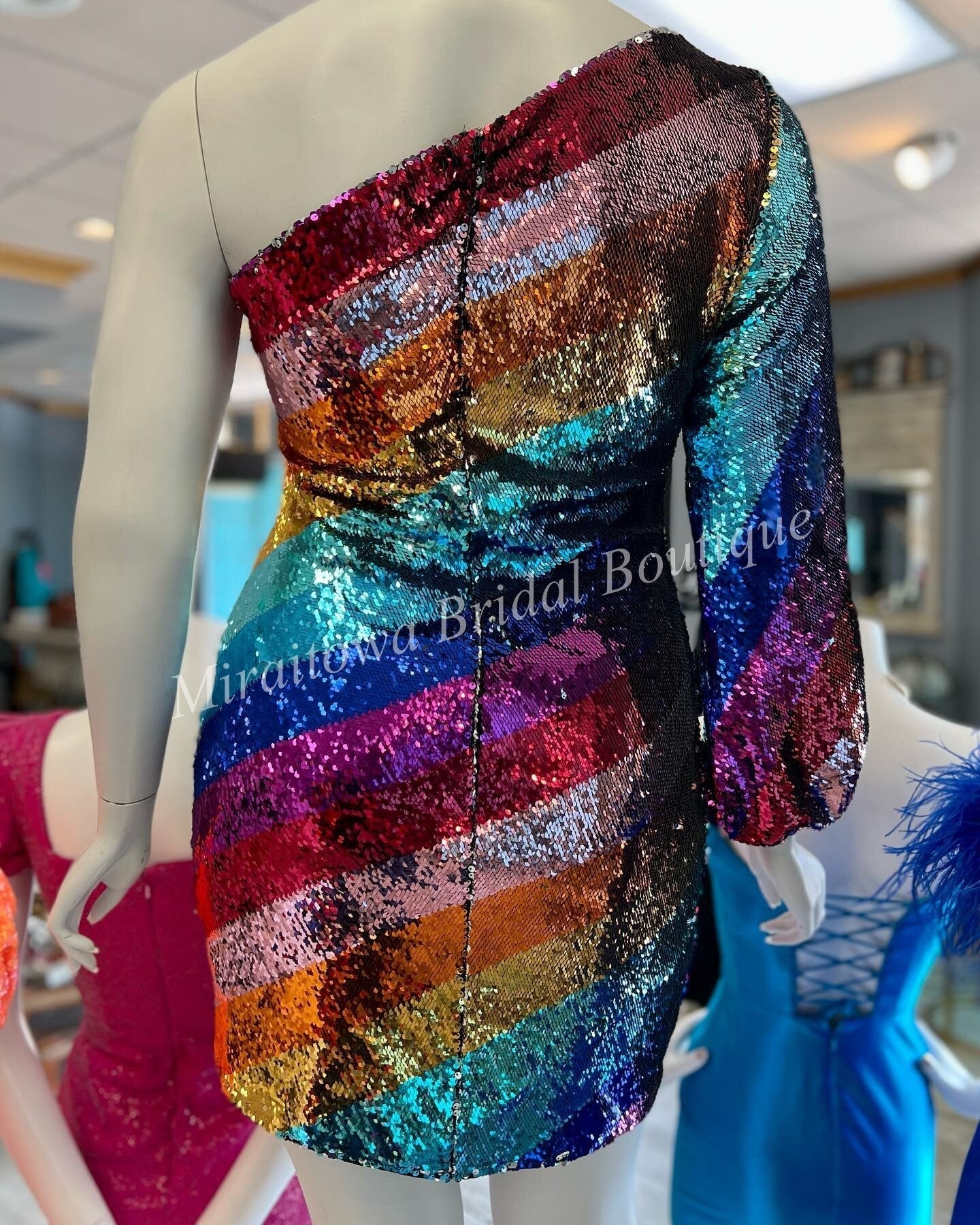 Multicolor Cocktail NYE Dress 2024 One Long Sleeve Rainbow Sequins Lady Formal Event Mini Party Gown Club Night Out Hoco Gala
