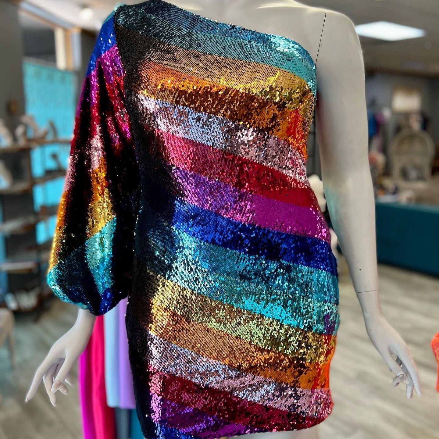 Multicolor Cocktail NYE Dress 2024 One Long Sleeve Rainbow Sequins Lady Formal Event Mini Party Gown Club Night Out Hoco Gala multi