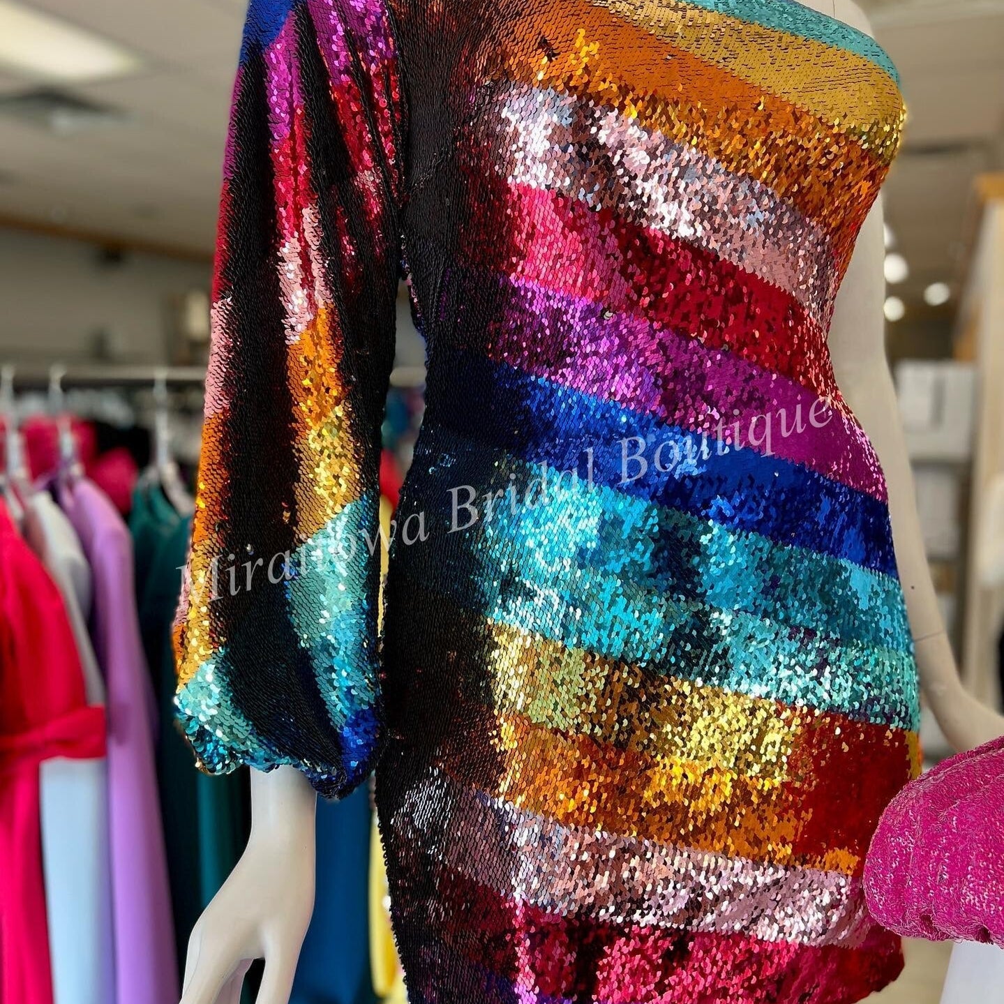 Multicolor Cocktail NYE Dress 2024 One Long Sleeve Rainbow Sequins Lady Formal Event Mini Party Gown Club Night Out Hoco Gala
