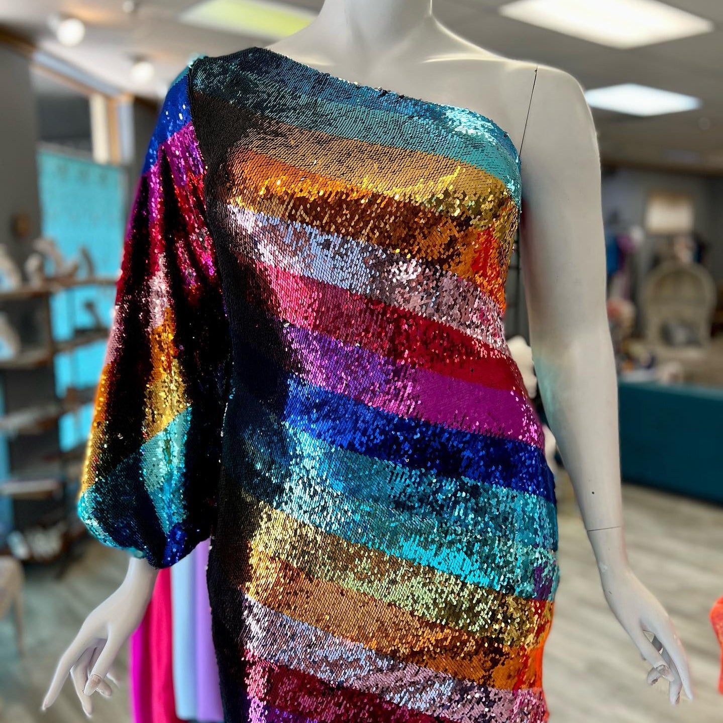 Multicolor Cocktail NYE Dress 2024 One Long Sleeve Rainbow Sequins Lady Formal Event Mini Party Gown Club Night Out Hoco Gala AMAIO
