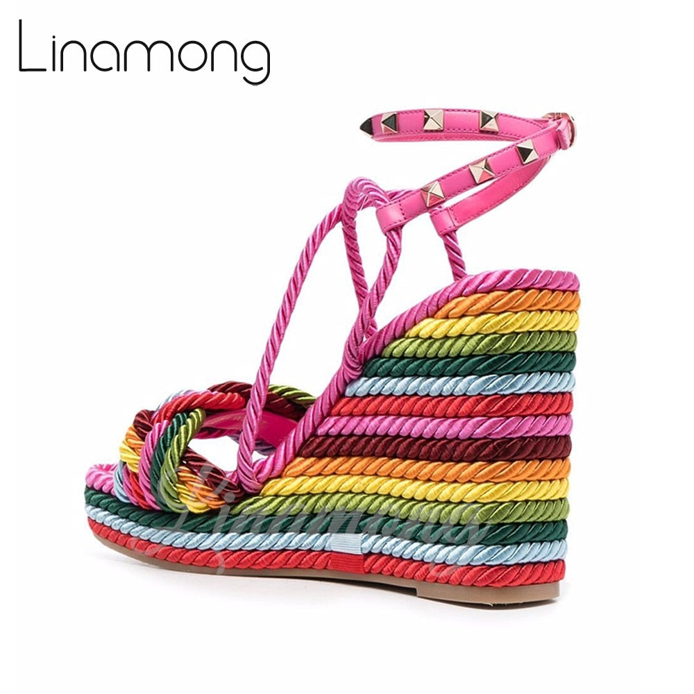 Multicolor Hemp Rope Rivet Espadrilles Strap Platform Wedge Summer Sandals for Women Designer Style Fashion Sandals