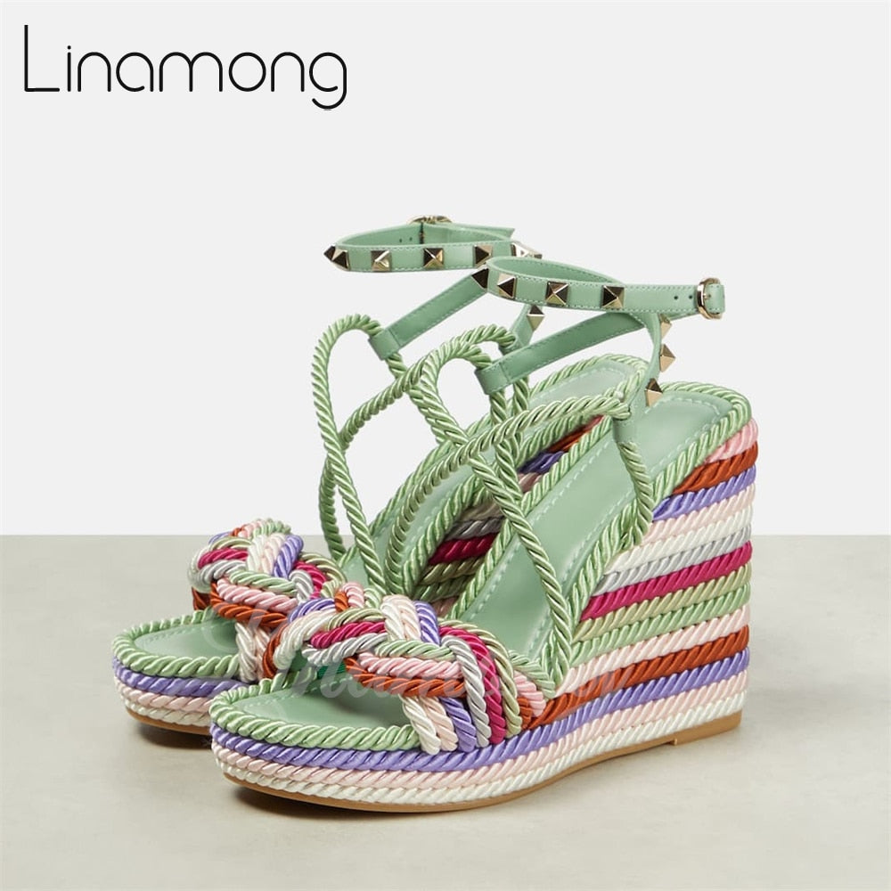 Multicolor Hemp Rope Rivet Espadrilles Strap Platform Wedge Summer Sandals for Women Designer Style Fashion Sandals