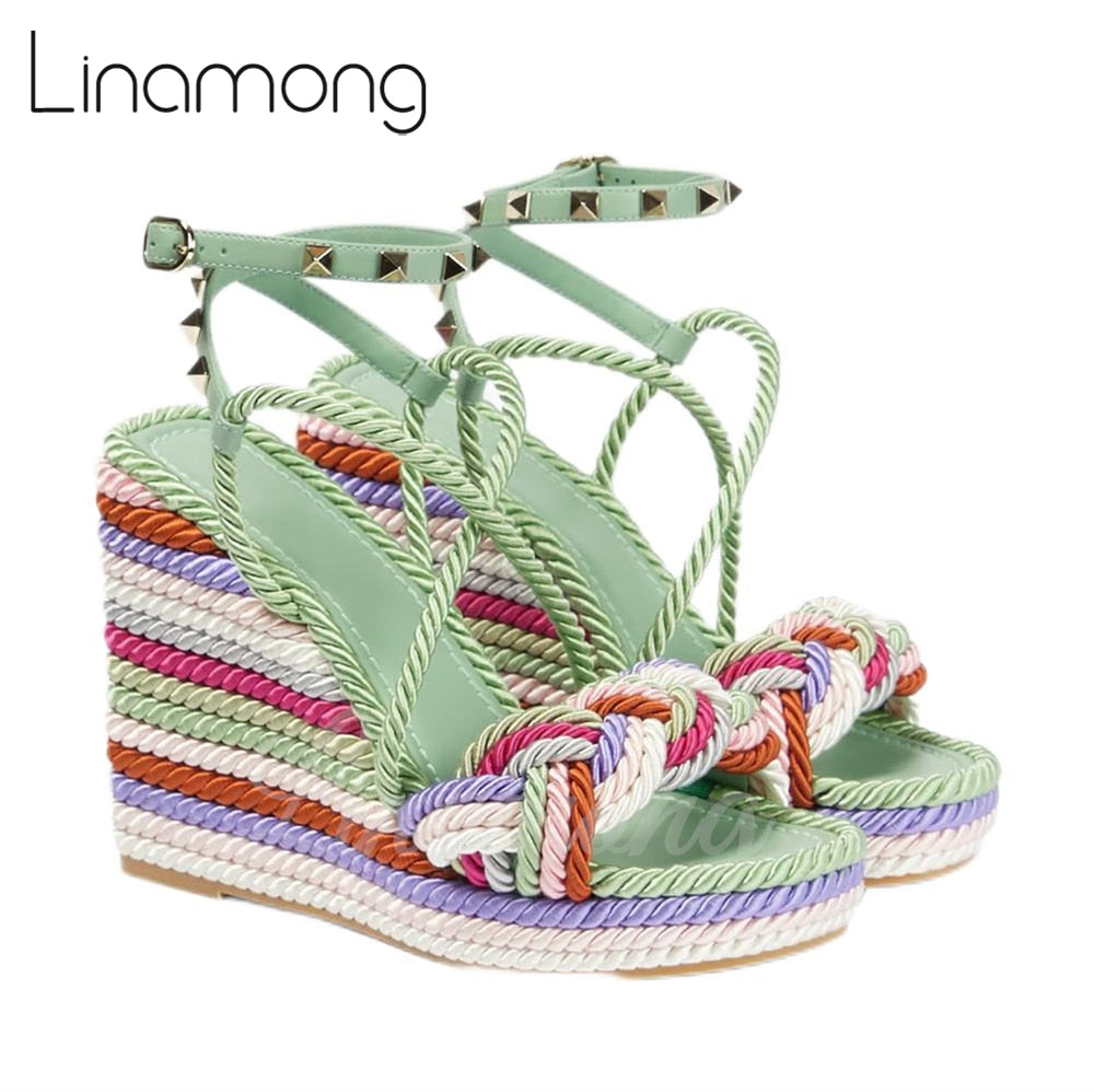 Multicolor Hemp Rope Rivet Espadrilles Strap Platform Wedge Summer Sandals for Women Designer Style Fashion Sandals Green
