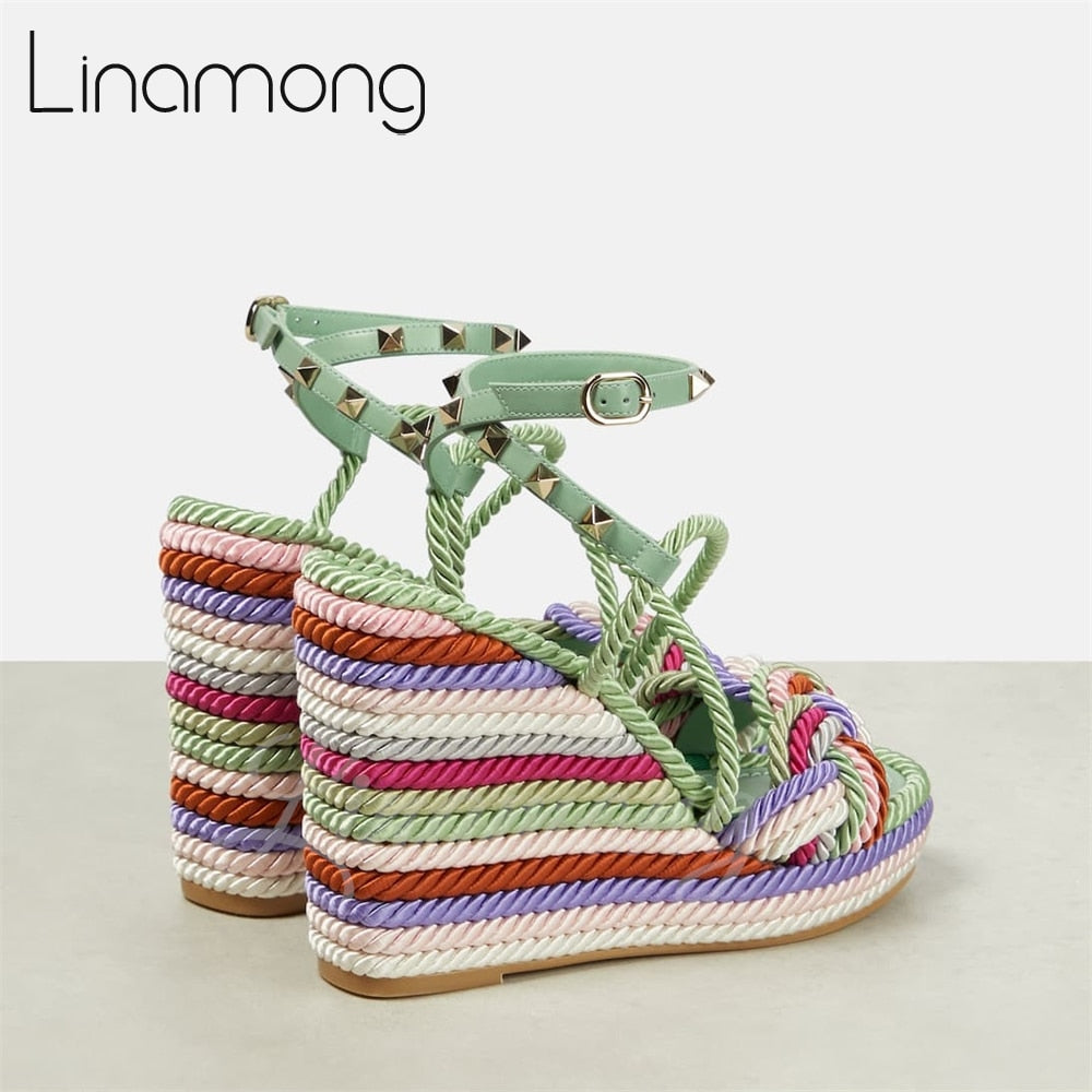 Multicolor Hemp Rope Rivet Espadrilles Strap Platform Wedge Summer Sandals for Women Designer Style Fashion Sandals