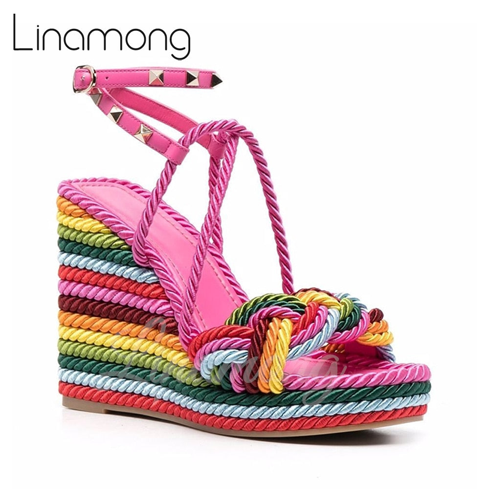Multicolor Hemp Rope Rivet Espadrilles Strap Platform Wedge Summer Sandals for Women Designer Style Fashion Sandals Rosy Red