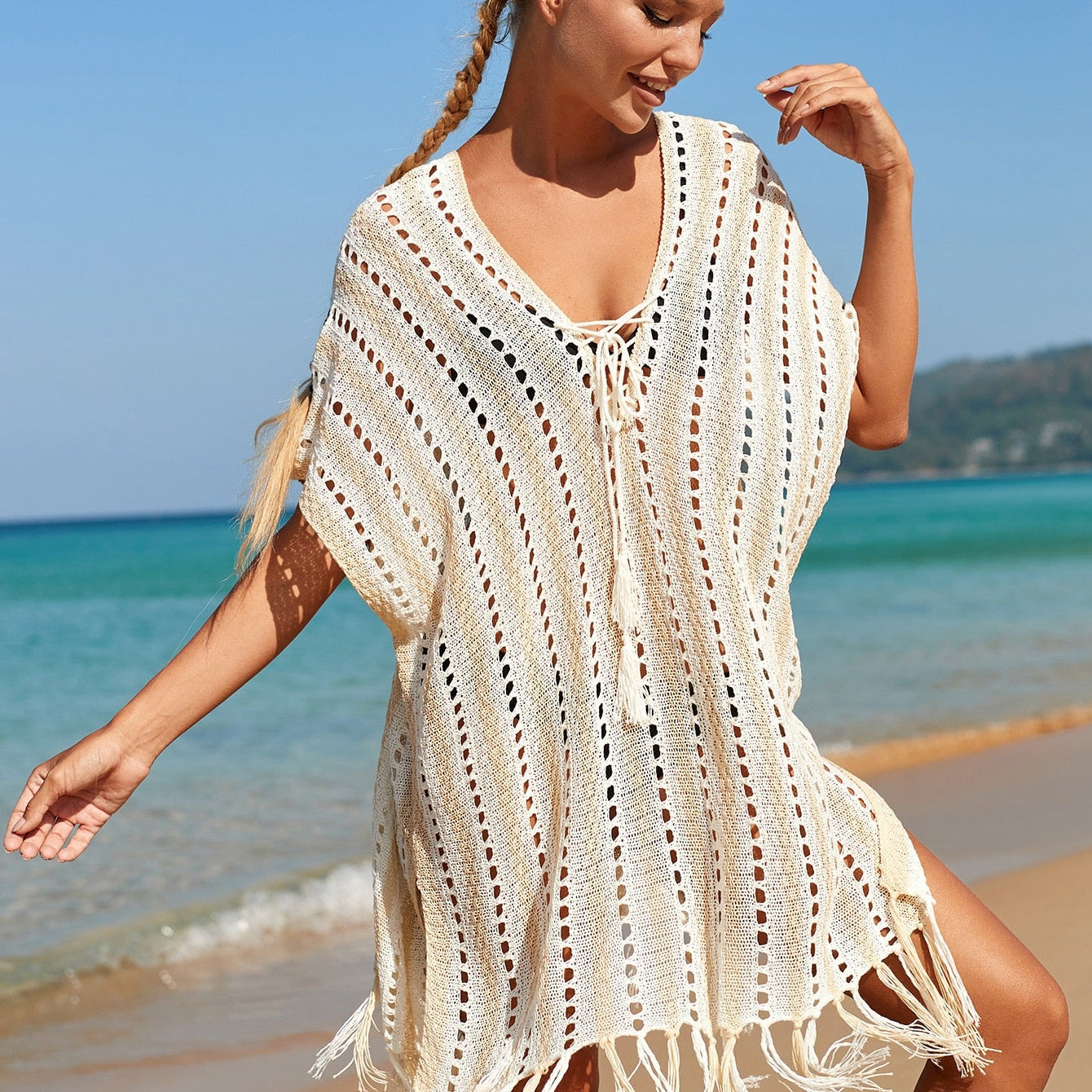 NEW Knitted Beach Cover Up - White Beach Tunic Sexy Fringe Summer Sundress Holiday Casual Bikini Pareo Tassel Sea Outlet AMAIO