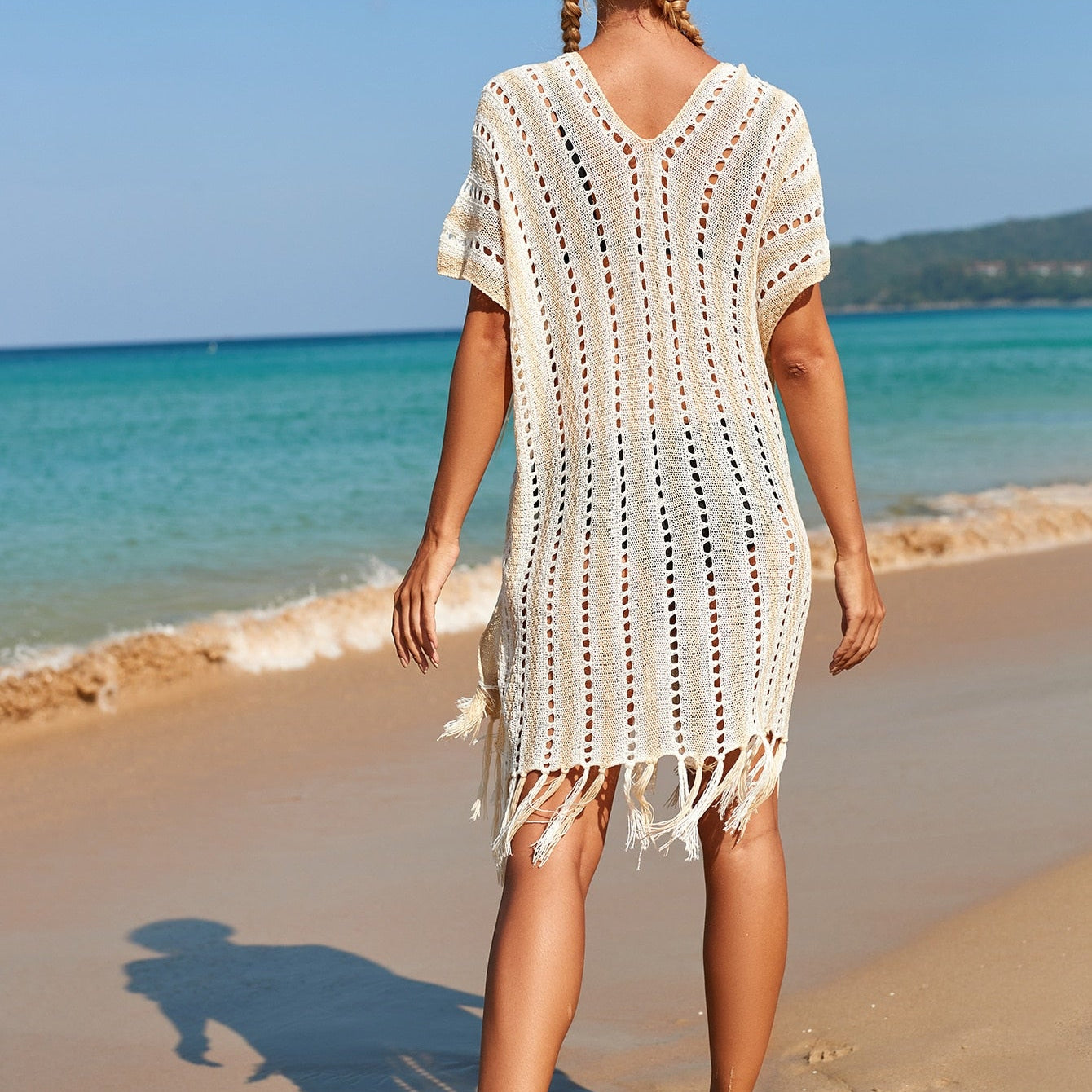 NEW Knitted Beach Cover Up - White Beach Tunic Sexy Fringe Summer Sundress Holiday Casual Bikini Pareo Tassel Sea Outlet