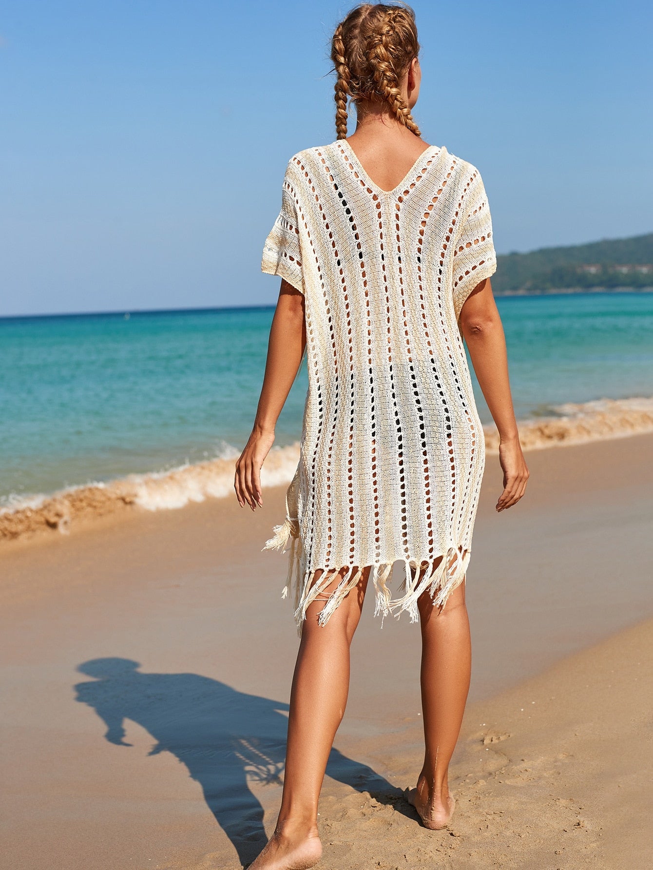 NEW Knitted Beach Cover Up - White Beach Tunic Sexy Fringe Summer Sundress Holiday Casual Bikini Pareo Tassel Sea Outlet