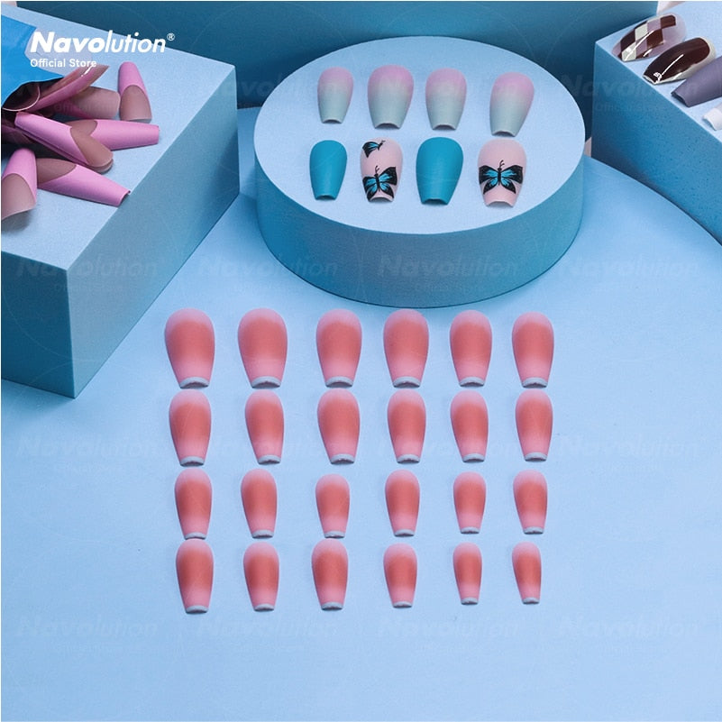 Navolution 24Pcs/Set DIY Manicure Wearable Fake Nails press on Detachable Finished Fingernails Ballet Square Head Almond Short