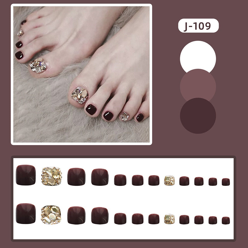 New 2022 Summer Gold Full Diamond Feet Nails Press On Fake Glitter Toe Nail Stickers Full Cover Toe Nail Tips False Foot Nails J3