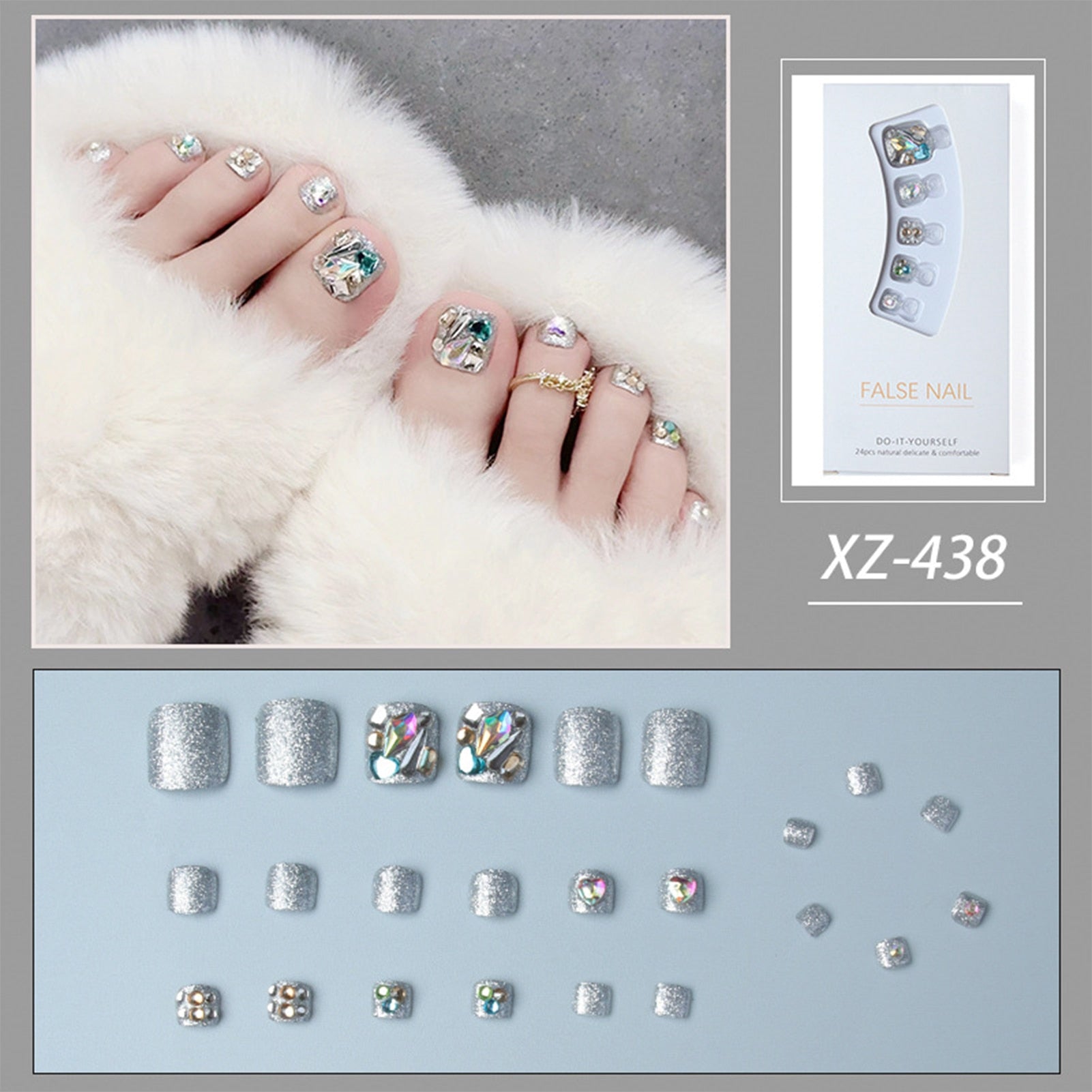 New 2022 Summer Gold Full Diamond Feet Nails Press On Fake Glitter Toe Nail Stickers Full Cover Toe Nail Tips False Foot Nails J10