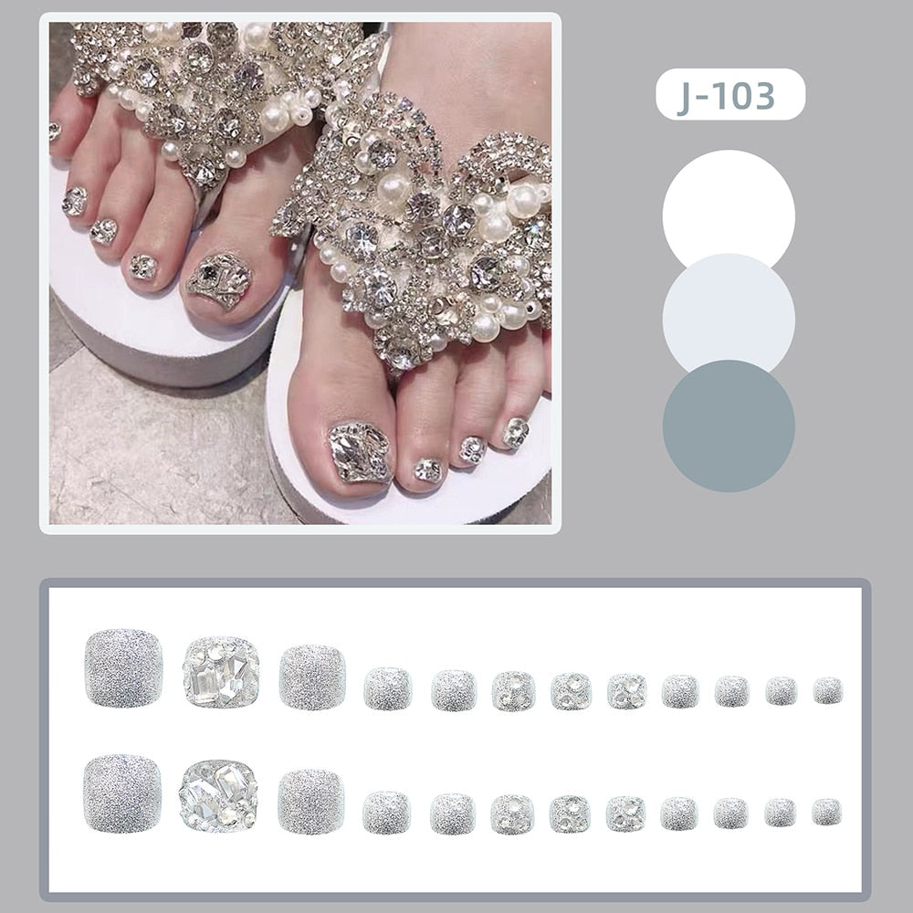 New 2022 Summer Gold Full Diamond Feet Nails Press On Fake Glitter Toe Nail Stickers Full Cover Toe Nail Tips False Foot Nails J2