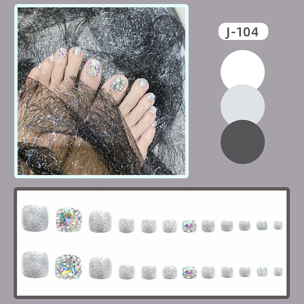 New 2022 Summer Gold Full Diamond Feet Nails Press On Fake Glitter Toe Nail Stickers Full Cover Toe Nail Tips False Foot Nails J7