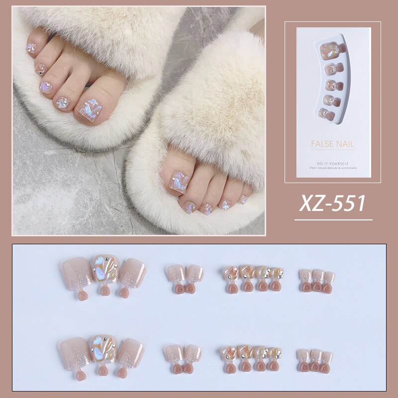 New 2022 Summer Gold Full Diamond Feet Nails Press On Fake Glitter Toe Nail Stickers Full Cover Toe Nail Tips False Foot Nails J21