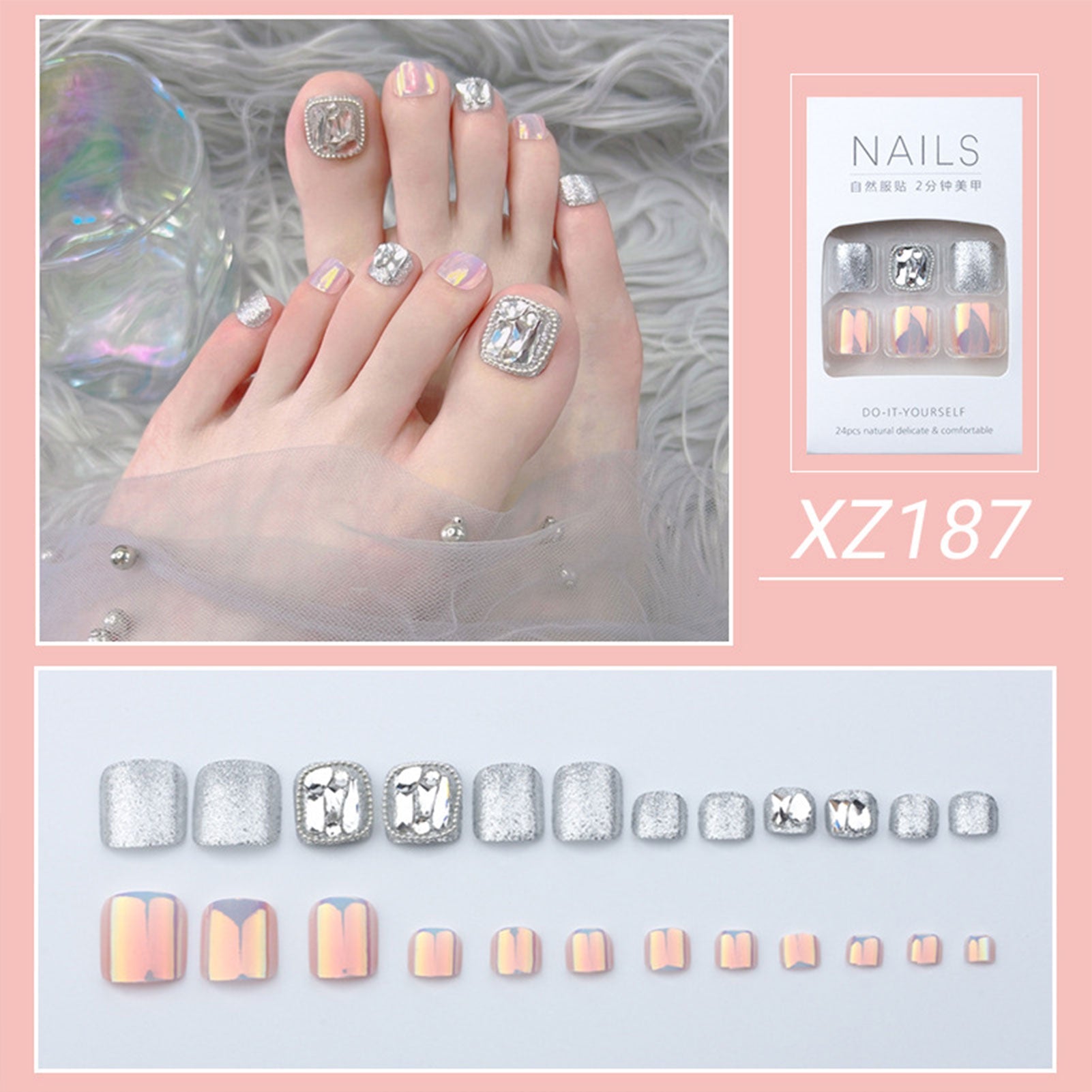 New 2022 Summer Gold Full Diamond Feet Nails Press On Fake Glitter Toe Nail Stickers Full Cover Toe Nail Tips False Foot Nails J9