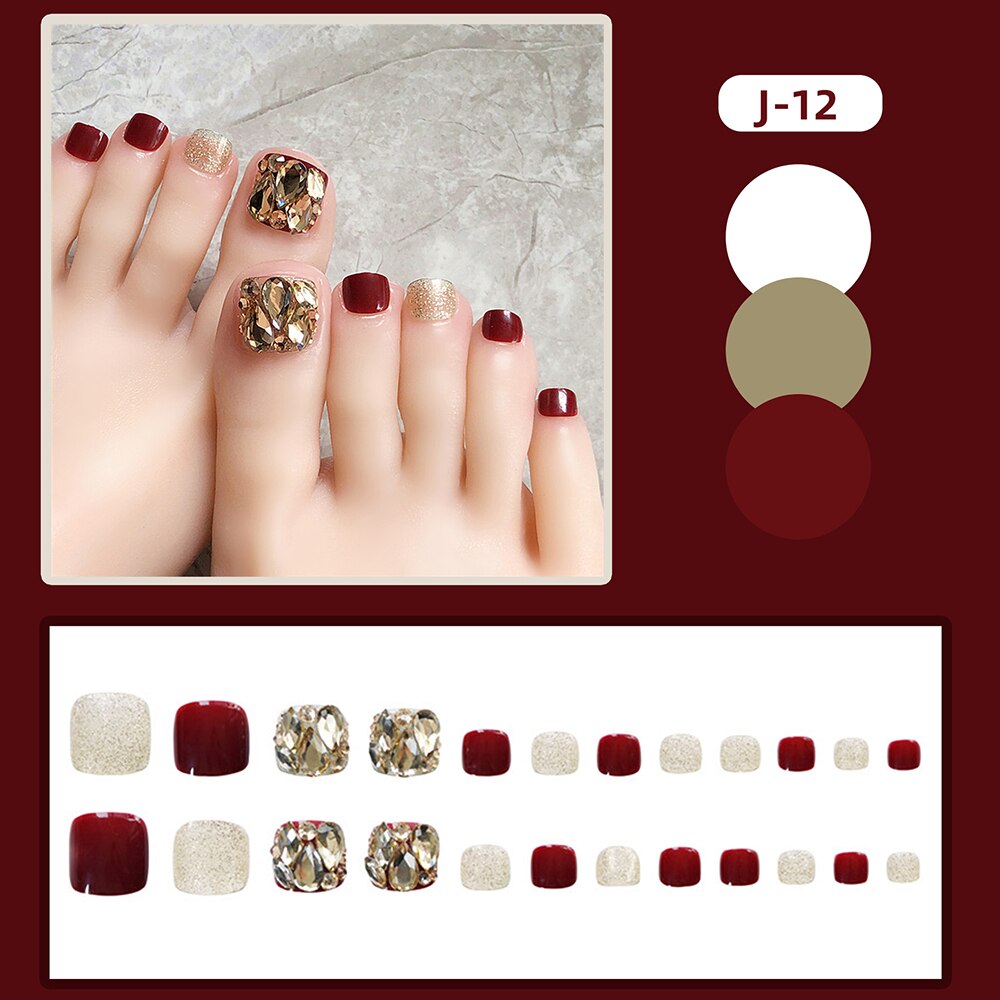 New 2022 Summer Gold Full Diamond Feet Nails Press On Fake Glitter Toe Nail Stickers Full Cover Toe Nail Tips False Foot Nails J6