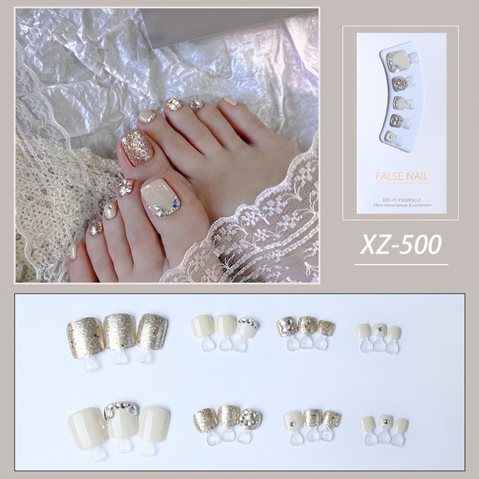 New 2022 Summer Gold Full Diamond Feet Nails Press On Fake Glitter Toe Nail Stickers Full Cover Toe Nail Tips False Foot Nails J17