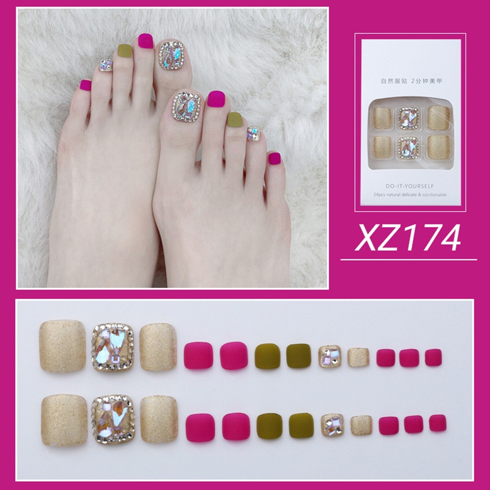 New 2022 Summer Gold Full Diamond Feet Nails Press On Fake Glitter Toe Nail Stickers Full Cover Toe Nail Tips False Foot Nails J8