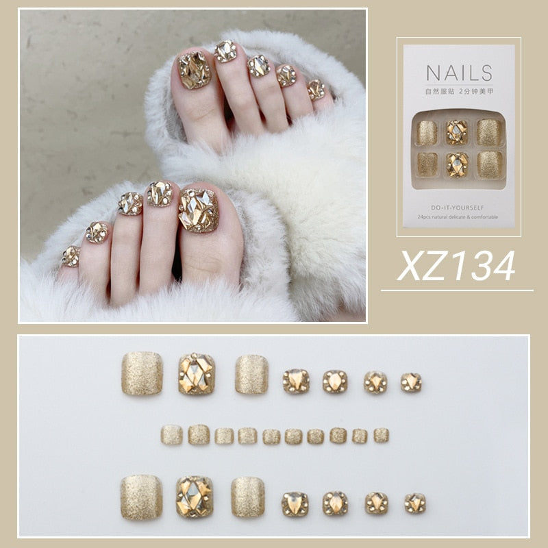 New 2022 Summer Gold Full Diamond Feet Nails Press On Fake Glitter Toe Nail Stickers Full Cover Toe Nail Tips False Foot Nails J1